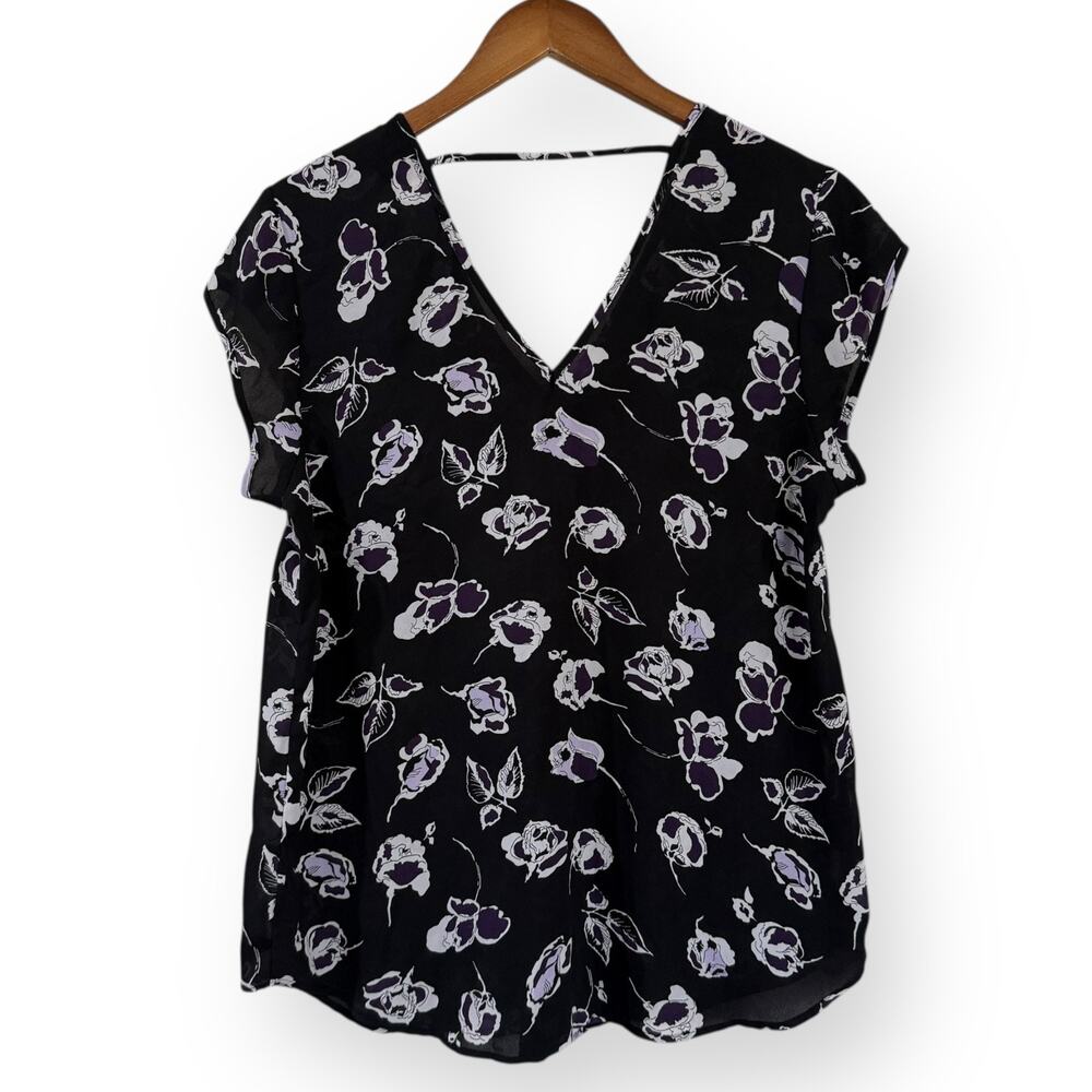 DR2 Black Purple Floral Chiffon Blouse M V-Neck Cap Sleeve Sheer Top Office - Picture 5 of 8